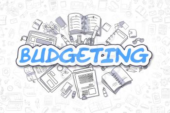 Business Illustration of Budgeting. Doodle Blue Inscription Hand Drawn Cartoon Design Elements. Budgeting Concept. 