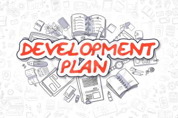 Development Plan - Hand Drawn Business Illustration with Business Doodles. Red Inscription - Development Plan - Cartoon Business Concept. 