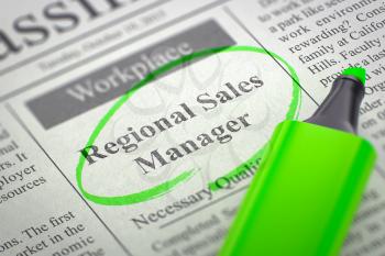 Regional Sales Manager. Newspaper with the Small Advertising, Circled with a Green Marker. Blurred Image with Selective focus. Job Seeking Concept. 3D Rendering.