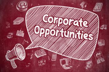 Business Concept. Loudspeaker with Wording Corporate Opportunities. Cartoon Illustration on Red Chalkboard. 