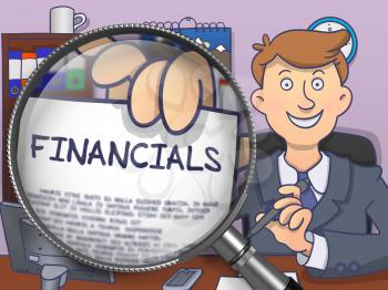 Financials on Paper in Businessman's Hand through Magnifying Glass to Illustrate a Business Concept. Multicolor Modern Line Illustration in Doodle Style.