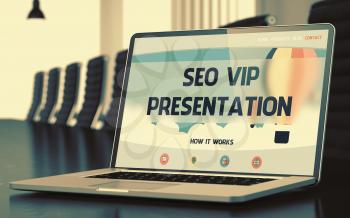 Laptop Display with SEO VIP Presentation Concept on Landing Page. Closeup View. Modern Conference Hall Background. Toned Image. Blurred Background. 3D.