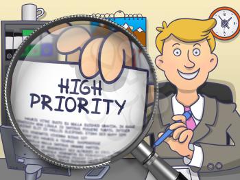 High Priority. Business Man in Office Workplace Holding a through Magnifier Concept on Paper. Colored Doodle Style Illustration.