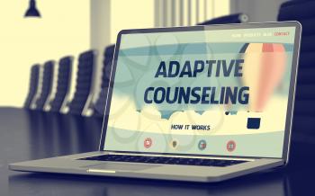 Adaptive Counseling Concept. Closeup Landing Page on Mobile Computer Display on Background of Meeting Room in Modern Office. Toned. Blurred Image. 3D Illustration.