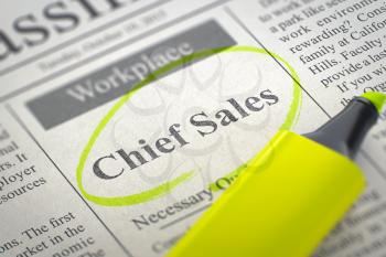 Chief Sales - Small Ads of Job Search in Newspaper, Circled with a Yellow Highlighter. Blurred Image. Selective focus. Job Seeking Concept. 3D Illustration.