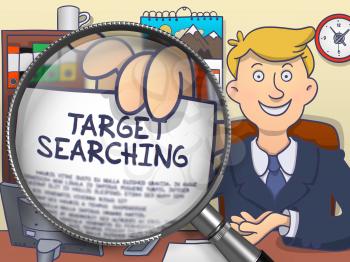 Businessman in Suit Looking at Camera and Showing a Paper with Text Target Searching Concept through Lens. Closeup View. Colored Doodle Style Illustration.