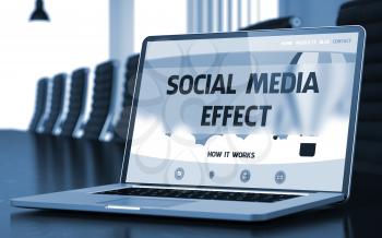 Social Media Effect Concept. Closeup Landing Page on Mobile Computer Screen on Background of Meeting Hall in Modern Office. Toned Image. Blurred Background. 3D.