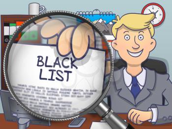 Man in Suit Looking at Camera and Showing Concept on Paper Black List Concept through Lens. Closeup View. Colored Doodle Illustration.