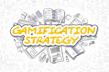 Business Illustration of Gamification Strategy. Doodle Yellow Word Hand Drawn Doodle Design Elements. Gamification Strategy Concept. 