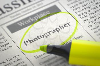 Photographer - Small Advertising in Newspaper, Circled with a Yellow Marker. Blurred Image with Selective focus. Job Seeking Concept. 3D Illustration.