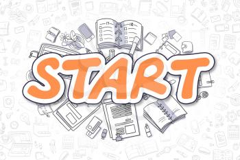 Start - Hand Drawn Business Illustration with Business Doodles. Orange Word - Start - Doodle Business Concept. 