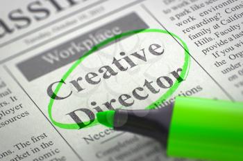 Creative Director. Newspaper with the Small Advertising, Circled with a Green Highlighter. Blurred Image. Selective focus. Concept of Recruitment. 3D Illustration.