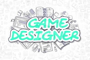 Doodle Illustration of Game Designer, Surrounded by Stationery. Business Concept for Web Banners, Printed Materials. 