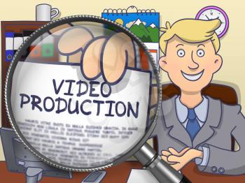 Officeman Welcomes in Office and Shows Paper with Inscription Video Production. Closeup View through Magnifier. Multicolor Doodle Illustration.