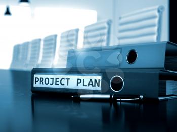 Project Plan - Binder on Desk. Folder with Inscription Project Plan on Working Desktop. Project Plan - Business Concept on Toned Background. 3D Render.