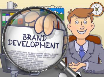 Business Man Holds Out a Paper with Inscription Brand Development. Closeup View through Magnifying Glass. Multicolor Doodle Style Illustration.