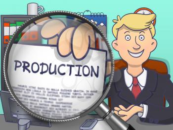 Production through Magnifier. Business Man Showing Paper with Inscription. Closeup View. Colored Doodle Illustration.