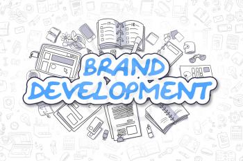 Blue Text - Brand Development. Business Concept with Doodle Icons. Brand Development - Hand Drawn Illustration for Web Banners and Printed Materials. 