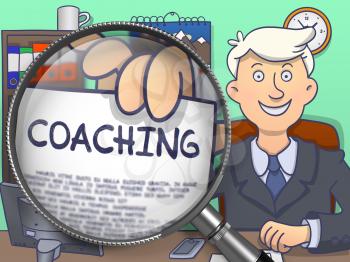 Business Man in Suit Looking at Camera and Holds Out a Paper with Inscription Coaching Concept through Magnifying Glass. Closeup View. Multicolor Modern Line Illustration in Doodle Style.