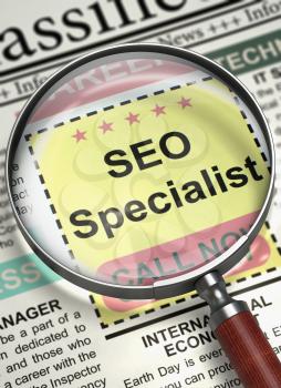 SEO Specialist - Close View of Jobs in Newspaper with Magnifying Lens. SEO Specialist - CloseUp View Of A Classifieds Through Magnifying Lens. Job Search Concept. Selective focus. 3D Illustration.