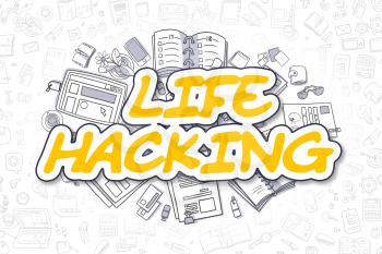 Cartoon Illustration of Life Hacking, Surrounded by Stationery. Business Concept for Web Banners, Printed Materials. 