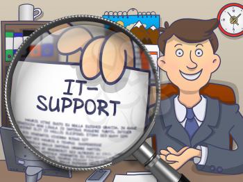 IT- Support on Paper in Mans Hand to Illustrate a Business Concept. Closeup View through Magnifying Glass. Multicolor Modern Line Illustration in Doodle Style.