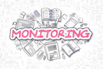 Doodle Illustration of Monitoring, Surrounded by Stationery. Business Concept for Web Banners, Printed Materials. 