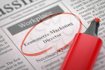Newspaper with Small Ads of Job Search Ecommerce Marketing Director. Blurred Image with Selective focus. Concept of Recruitment. 3D Illustration.
