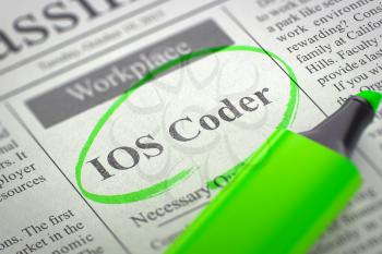 A Newspaper Column in the Classifieds with the Advertisements and Classifieds Ads for Vacancy of IOS Coder, Circled with a Green Marker. Blurred Image. Selective focus. Job Seeking Concept. 3D Render.