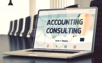 Accounting Consulting on Landing Page of Mobile Computer Screen. Closeup View. Modern Meeting Room Background. Toned. Blurred Image. 3D Rendering.
