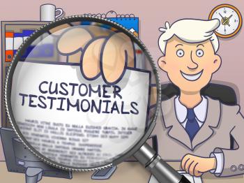 Officeman Shows Text on Paper Customer Testimonials. Closeup View through Lens. Colored Doodle Style Illustration.