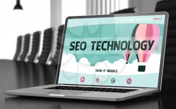 SEO Technology. Closeup Landing Page on Mobile Computer Screen. Modern Conference Room Background. Toned. Blurred Image. 3D Illustration.
