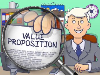 Value Proposition. Officeman Holds Out a Paper with Concept through Magnifying Glass. Colored Doodle Illustration.