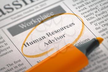 A Newspaper Column in the Classifieds with the Jobs of Human Resources Advisor, Circled with a Orange Highlighter. Blurred Image with Selective focus. Hiring Concept. 3D.
