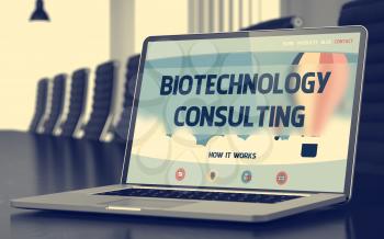 Mobile Computer Screen with Biotechnology Consulting Concept on Landing Page. Closeup View. Modern Conference Room Background. Toned Image. Blurred Background. 3D.