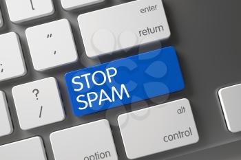 Stop Spam Concept Modern Keyboard with Stop Spam on Blue Enter Key Background, Selected Focus. 3D Render.