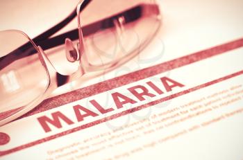 Diagnosis - Malaria. Medicine Concept on Red Background with Blurred Text and Glasses. Selective Focus. 3D Rendering.