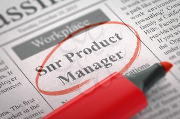 Snr Product Manager - Jobs Section Vacancy in Newspaper, Circled with a Red Marker. Blurred Image with Selective focus. Hiring Concept. 3D Illustration.