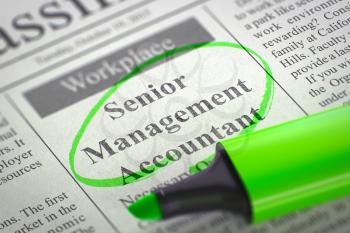 Senior Management Accountant. Newspaper with the Jobs, Circled with a Green Marker. Blurred Image. Selective focus. Job Seeking Concept. 3D Rendering.