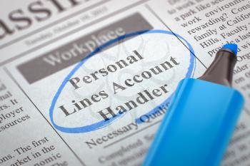Personal Lines Account Handler - Classified Advertisement of Hiring in Newspaper, Circled with a Blue Marker. Blurred Image with Selective focus. Job Seeking Concept. 3D Render.
