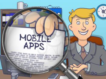 Mobile Apps on Paper in Businessman's Hand through Magnifier to Illustrate a Business Concept. Multicolor Doodle Illustration.