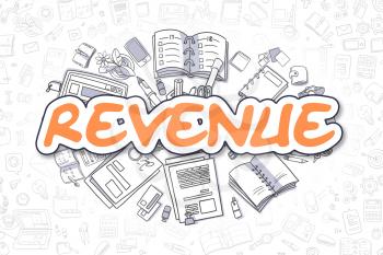 Revenue - Hand Drawn Business Illustration with Business Doodles. Orange Text - Revenue - Cartoon Business Concept. 