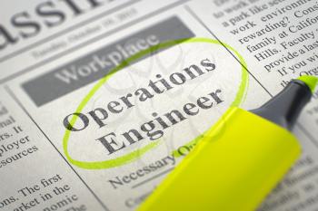 Operations Engineer - Small Ads of Job Search in Newspaper, Circled with a Yellow Highlighter. Blurred Image. Selective focus. Job Search Concept. 3D Illustration.