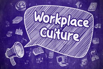 Speech Bubble with Wording Workplace Culture Doodle. Illustration on Blue Chalkboard. Advertising Concept. 