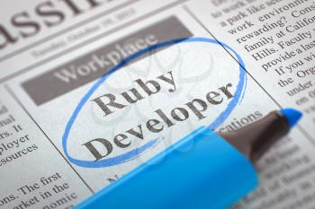 Ruby Developer. Newspaper with the Job Vacancy, Circled with a Blue Highlighter. Blurred Image. Selective focus. Concept of Recruitment. 3D.