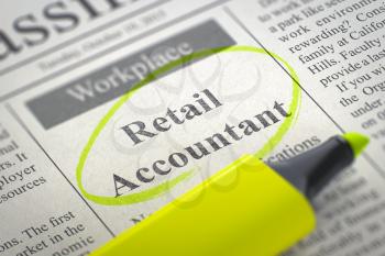 Retail Accountant - Vacancy in Newspaper, Circled with a Yellow Highlighter. Blurred Image with Selective focus. Job Search Concept. 3D Render.