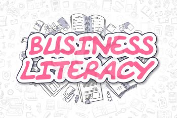 Business Literacy Doodle Illustration of Magenta Inscription and Stationery Surrounded by Doodle Icons. Business Concept for Web Banners and Printed Materials. 