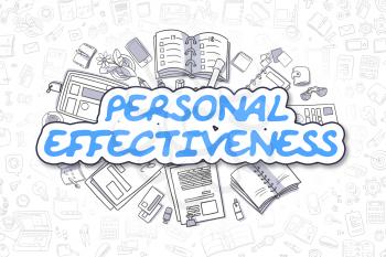 Cartoon Illustration of Personal Effectiveness, Surrounded by Stationery. Business Concept for Web Banners, Printed Materials. 