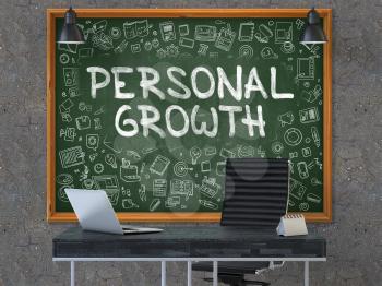 Personal Growth - Handwritten Inscription by Chalk on Green Chalkboard with Doodle Icons Around. Business Concept in the Interior of a Modern Office on the Dark Old Concrete Wall Background. 3D.