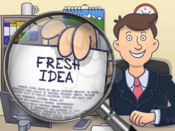 Businessman Shows Concept on Paper Fresh Idea. Closeup View through Magnifying Glass. Colored Modern Line Illustration in Doodle Style.